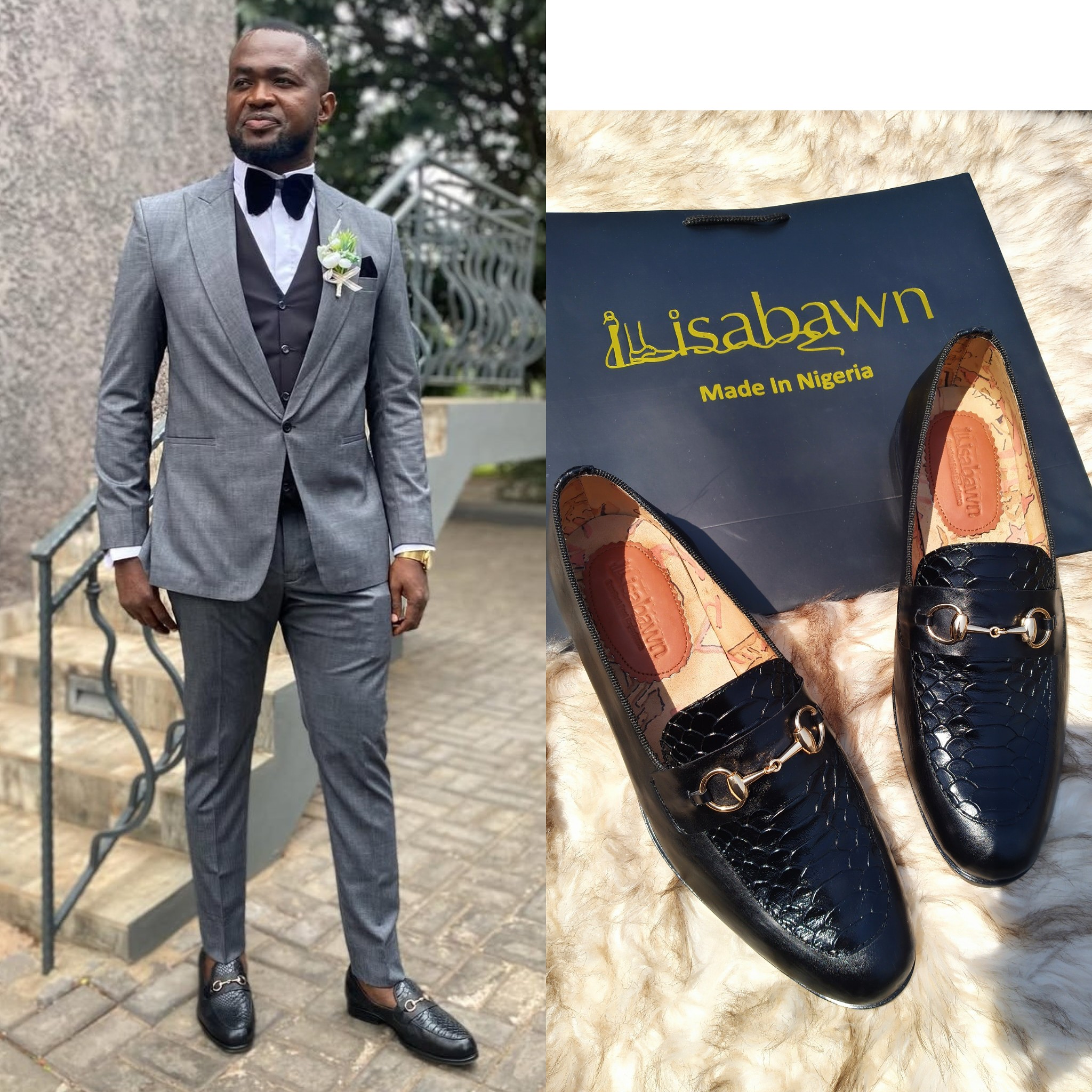 Groom in Lagos wearing custom handmade wedding loafers by Ilisabawn