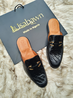 Black Croc Leather Mules