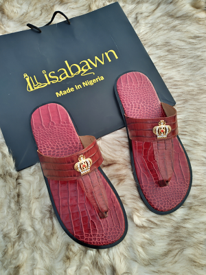 Burgundy croc-embossed leather thong slippers handcrafted by Ilisabawn in Lagos