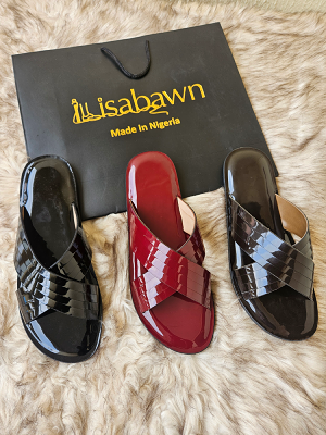 Glossy leather criss-cross slippers handcrafted by Ilisabawn in Lagos