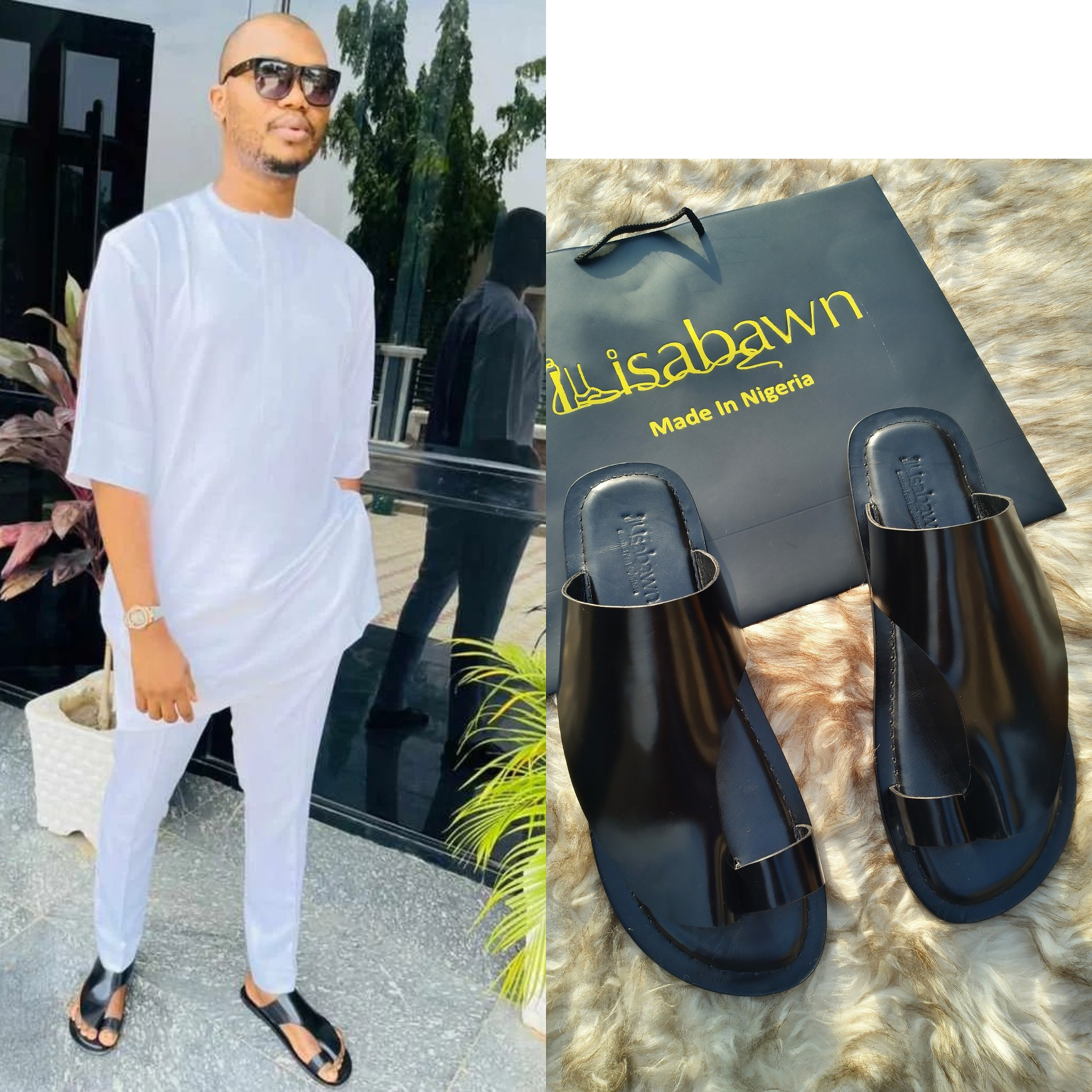 Business executive in Abuja wearing handmade leather slippers by Ilisabawn