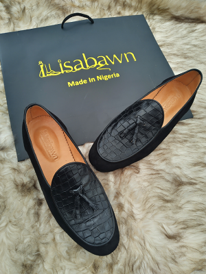 Black suede and leather loafers handmade by Ilisabawn in Lagos