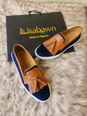 Navy velvet and brown leather tassel plimsolls handcrafted by Ilisabawn in Lagos