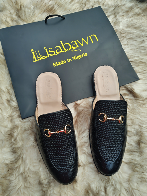Black woven and croc leather mules handmade by Ilisabawn in Lagos