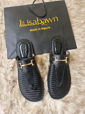 Black Woven Leather Thong Slippers